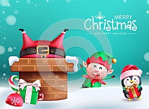 Merry christmas text vector design. Christmas characters like santa claus, reindeer