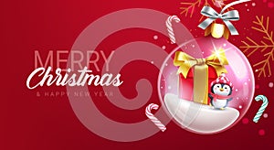 Merry christmas text vector design. Christmas crystal ball with snow and gift elements