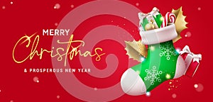 Merry christmas text vector design. Christmas green santa sock ornaments in elegant red