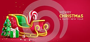 Merry christmas text vector design. Christmas greeting card with santa claus sleigh, pine tree