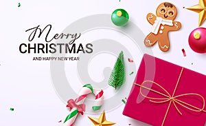 Merry christmas text vector design. Christmas greeting card with xmas ornaments