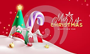 Merry christmas text vector design. Christmas ornaments and elements like pine tree,