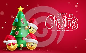 Merry christmas text vector design. Christmas pine tree ornaments with smileys and emojis