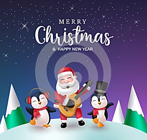 Merry christmas text vector design. Christmas santa claus and penguins characters