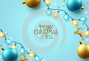 Merry christmas text vector design. Christmas and happy new year greeting card with xmas lights and balls elements decoration.