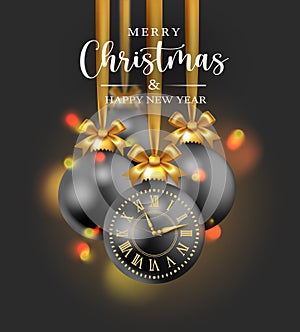 Merry christmas text vector poster design. Christmas black balls hanging elements