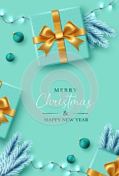 Merry christmas text vector poster design. Christmas greeting card with gift boxes, xmas balls