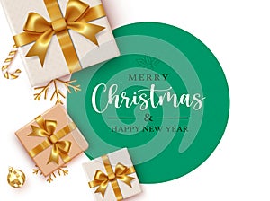 Merry christmas text vector template. Christmas greeting in green circle space for typography with gifts boxes