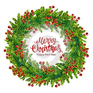 Merry christmas text with watercolor wreath of fir branches