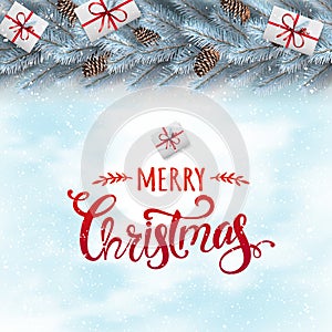 Merry Christmas text on white snowy background with silver fir branches, gift boxes, pine cones, snowflakes