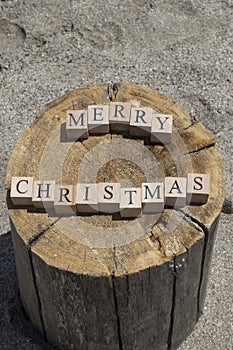 Merry christmas text from wooden cubes. The cubes are on the tree stump