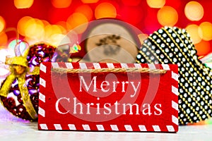 Merry Christmas text wooden sign, decorations and ornaments in a colorful Christmas composition