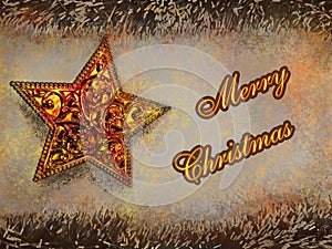 Merry Christmas text in yellow color on golden star and garlands background.