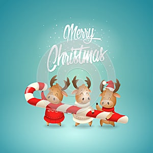 Merry Christmas - Three Moose friends are holding large candy cane - Cute holiday greeting card