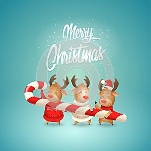 Merry Christmas - Three Reindeer friends are holding large candy cane - Cute holiday greeting card