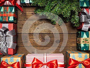Merry christmas topic on a wooden background with christmas tree