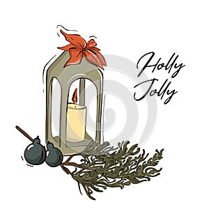 Merry Christmas traditional art with candle, tree branch, balls and typography. Holly Jolly xmas greeting card