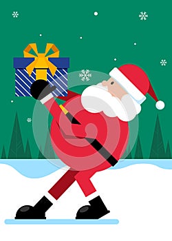 Merry Christmas traditional festival background decorative with Santa Claus holding a gift flat design style