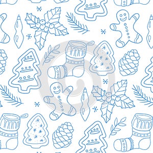 Merry Christmas traditional symbols in doodle pattern style Vector illustration of New Year attributes gingerbread Christmas tree