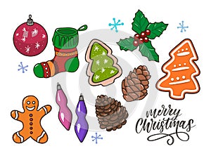 Merry Christmas traditional symbols in doodle style isolated on white background. Vector illustration of New Year attributes
