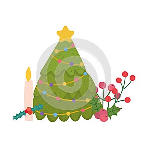Merry christmas, tree candle and holly berry decoration, isolated design