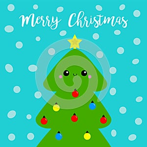 Merry Christmas tree. Fir-tree icon. Star shape tip top. Round ball light toy set. Cute cartoon kawaii baby character. Green