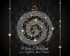 Merry Christmas Tree Flyer with Golden elegant baubles and glowing light stars