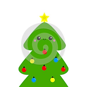 Merry Christmas tree icon. Fir-tree icon. Star shape tip top. Round ball light toy set. Cute cartoon kawaii baby character. Green