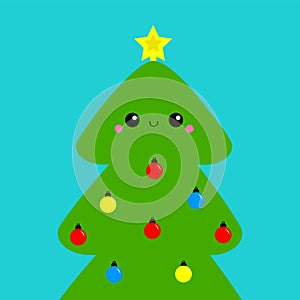 Merry Christmas tree icon. Fir-tree icon. Star shape tip top. Round ball light toy set. Cute cartoon kawaii baby character. Green