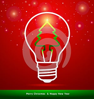 Merry Christmas tree in light bulb on red background