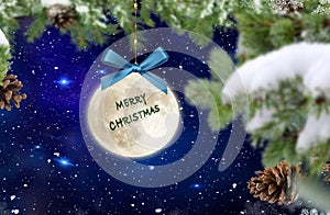 Merry Christmas tree and moon   ball on starry blue night  sky   and snow flakes banner background template copy space concept
