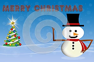 Merry Christmas tree and snowman wintry background