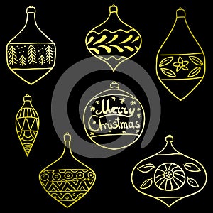 Merry Christmas tree toys with patterns. Set. Stylized. New Year. Vector illustration.