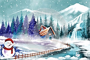 Merry christmas tree winter forest landscape background with snowman card design