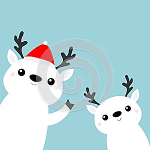 Merry Christmas. Two white raindeer deer head face icon set. Cute cartoon kawaii baby character. Red hat, nose, horns. Happy New