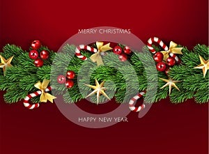 Merry Christmas Typographical background with christmas elements with season wishes and border of realistic looking