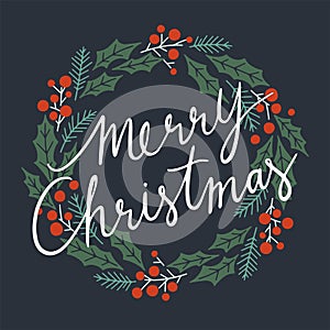 Merry Christmas Typographical on Christmas Wreath for greeting card.