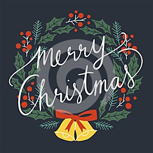 Merry Christmas Typographical on Christmas Wreath for greeting card.