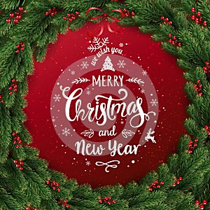 Merry Christmas Typographical on red background with Christmas wreath of tree branches, berries, lights, snowflakes.