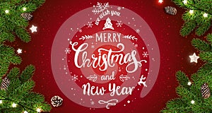 Merry Christmas Typographical on red background with tree branches, berries, gift boxes, stars, pine cones. Xmas and New Year