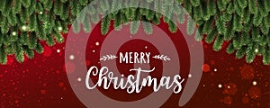 Merry Christmas Typographical on red background with tree branches decorated with stars, lights, snowflakes.