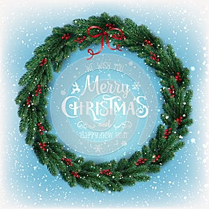 Merry Christmas Typographical on snow background with Christmas wreath of tree branches, berries, lights, snowflakes.