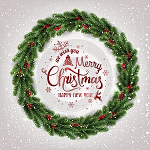 Merry Christmas Typographical on white background with Christmas wreath of tree branches, berries, lights, snowflakes