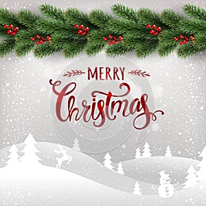 Merry Christmas typographical on white background with garland of Christmas tree branches, winter landscape, snowflakes, light