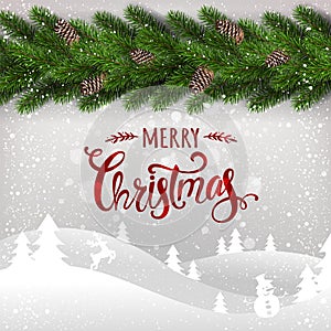 Merry Christmas typographical on white background with garland of Christmas tree branches, winter landscape, snowflakes, light,