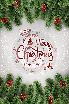 Merry Christmas Typographical on white background with tree branches decorated with berries, lights, snowflakes.