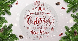 Merry Christmas Typographical on white background with tree branches, berries, gift boxes, stars, pine cones. Xmas and New Year