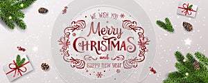 Merry Christmas Typographical on white background with tree branches, berries, gift boxes, stars, pine cones. Xmas and New Year