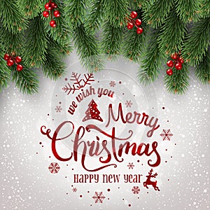 Merry Christmas Typographical on white background with tree branches decorated with berries, lights, snowflakes.