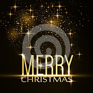 Merry Christmas typography background with gold glitter, sparkling stars